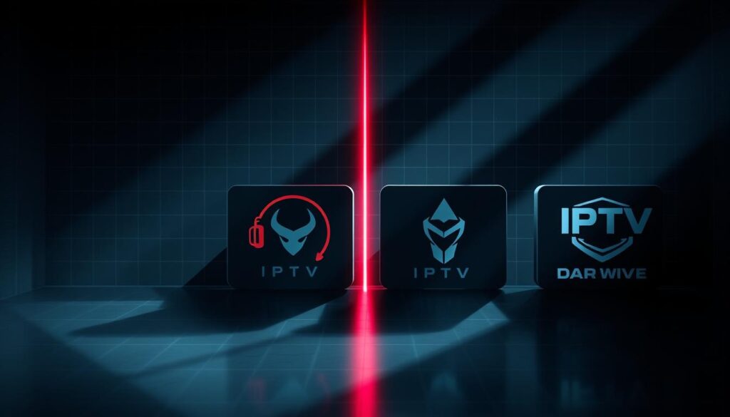 A high-contrast, cinematic image of four prominent IPTV dark providers presented side-by-side. The providers are represented by their unique logos and visually distinct branding, displayed on a dark, tech-inspired backdrop with subtle grid patterns and digital glyphs. Dramatic lighting casts dramatic shadows, creating a sense of mystery and intrigue. The image has a sleek, futuristic aesthetic, emphasizing the advanced, cutting-edge nature of these illicit streaming services. The overall composition is balanced and visually striking, drawing the viewer's attention to the key players in the clandestine world of IPTV dark providers.