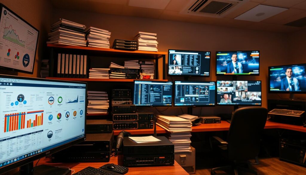 A high-tech workspace filled with IPTV reselling tools and resources. In the foreground, a desktop computer displays a dashboard for managing client accounts and subscription plans. Next to it, a tidy array of networking devices including a router, modem, and ethernet switches. In the middle ground, shelves hold stacks of technical manuals, server racks, and backup storage drives. The background is bathed in the soft glow of multiple monitors displaying analytics, server logs, and live streaming content. Warm, indirect lighting casts an efficient, professional atmosphere over the scene. The overall impression is one of a well-equipped, sophisticated IPTV reseller's command center.