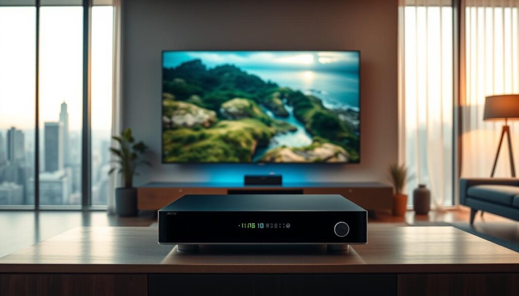 A modern living room bathed in warm, ambient lighting. In the foreground, a sleek, high-end IPTV set-top box sits atop a minimalist entertainment center, its interface displaying a vibrant, intuitive user experience. In the middle ground, a large, ultra-high-definition television screen displays a captivating nature documentary, immersing the viewer in a stunning visual experience. The background features floor-to-ceiling windows, offering a panoramic view of a bustling city skyline, hinting at the boundless entertainment possibilities of a sophisticated IPTV system. The overall scene conveys a sense of technological sophistication, seamless integration, and a heightened, cinematic home entertainment experience.