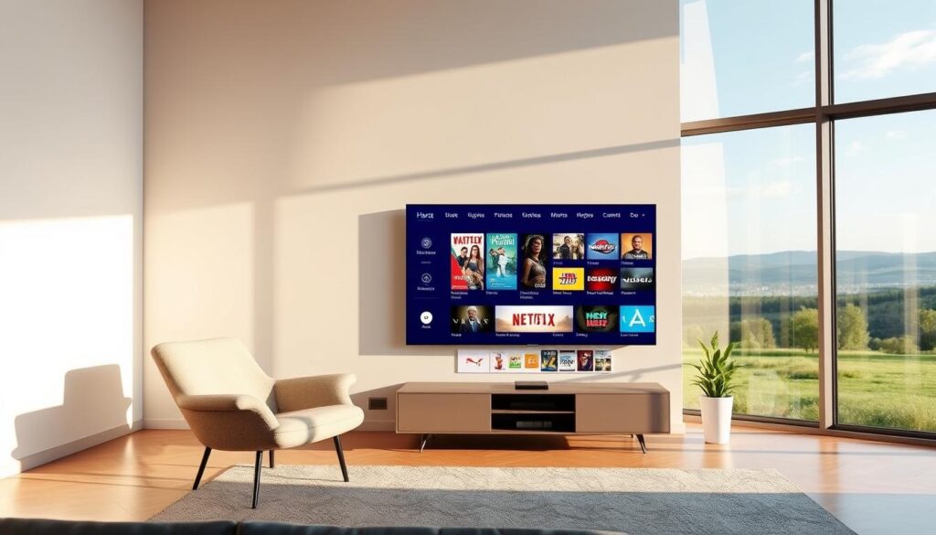 A serene and tranquil scene showcasing the benefits of a free IPTV trial. In the foreground, a modern living room with a sleek, minimalist TV display showcasing a vibrant and diverse selection of streaming content. The middle ground features a cozy armchair and side table, suggesting the comfort and convenience of an at-home viewing experience. In the background, a large window offers a picturesque outdoor landscape, conveying a sense of openness and freedom. Soft, natural lighting filters through, creating a warm and inviting atmosphere. The overall composition evokes a sense of relaxation and the joy of discovering new entertainment options through a no-cost IPTV trial.
