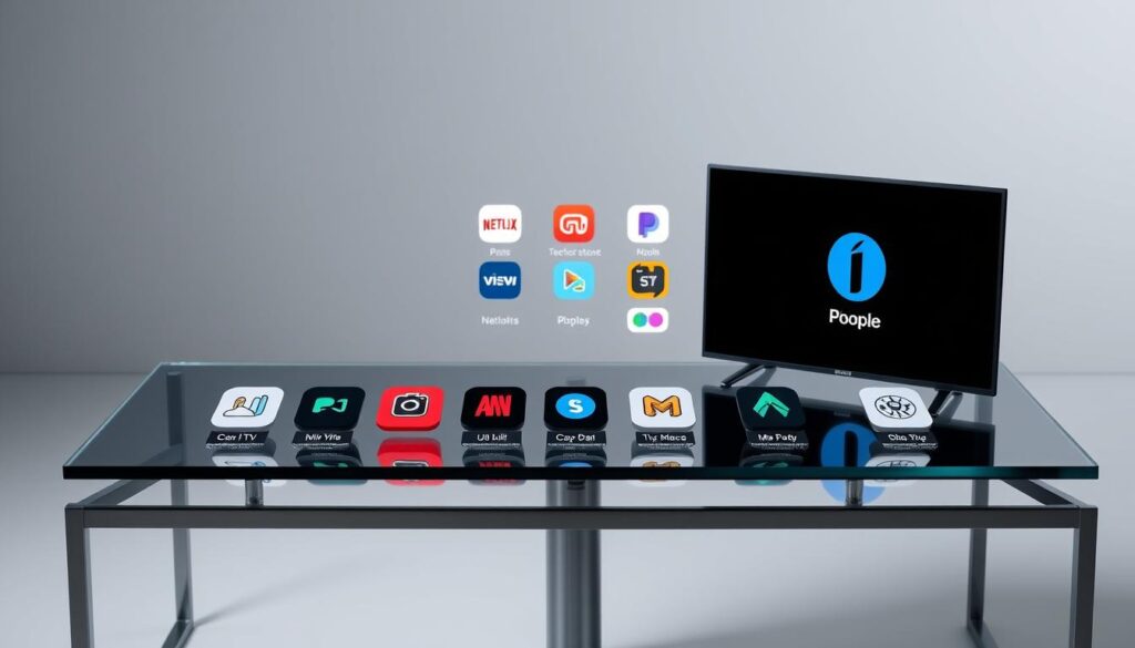 A sleek, minimalist comparison of popular IPTV apps laid out on a modern, glass-topped table. The apps are displayed as clean, crisp app icons, each with a short, descriptive label. The table is positioned in a well-lit studio setting, with soft, diffused lighting creating a sense of sophistication. The background is a subtle gradient, allowing the apps to take center stage. The overall composition is balanced and visually appealing, inviting the viewer to explore the various IPTV options.