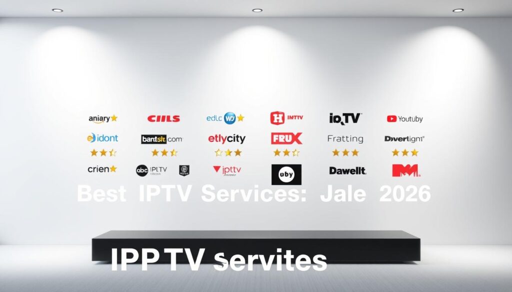 A sleek, modern comparison of the best IPTV services for 2026. Showcased against a minimalist, light-filled backdrop, the lineup of IPTV logos and ratings floats in a clean, organized grid. Subtle shadow effects and soft highlights lend depth and sophistication. The overall aesthetic is streamlined and professional, highlighting the key details users need to make an informed IPTV choice. The image conveys a sense of authority and expertise, perfectly suited to illustrate the "Best IPTV Services of 2026" section.