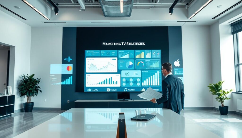 A sleek, modern office interior with a large desk and a wall display showcasing IPTV marketing strategies. In the foreground, a well-dressed business professional is reviewing marketing materials and planning their next steps. The room is brightly lit with a mixture of natural and artificial lighting, creating a professional and productive atmosphere. The middle ground features various marketing analytics, graphs, and customer data projected onto the wall display, highlighting the insights and strategies being considered. The background has a clean, minimalist design with subdued colors, allowing the focus to remain on the central subject matter.