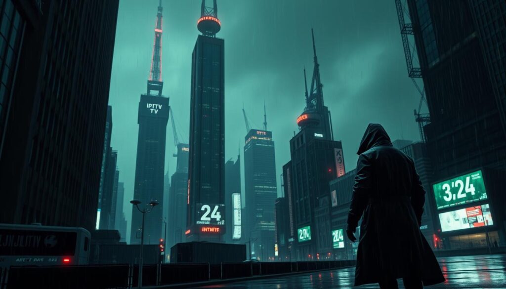 Dystopian cityscape, 2026: Towering cyberpunk skyscrapers cast ominous shadows over a dark, rain-soaked landscape. Neon-lit IPTV towers pulse with the energy of illicit streaming services, their screens flickering with encrypted data. In the foreground, a lone figure cloaked in a high-tech trench coat navigates the gritty, rain-slicked streets, their face obscured by the hood. The atmosphere is thick with tension, hinting at the technological upheaval and societal unrest that characterize this near-future world of IPTV Dark.
